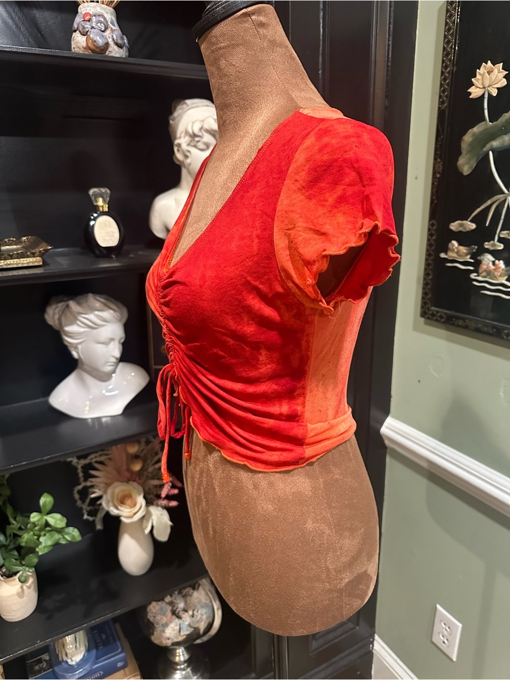 Evolution Fire Red & Orange Ruched Rave Top – Size Small - Picture 5 of 9